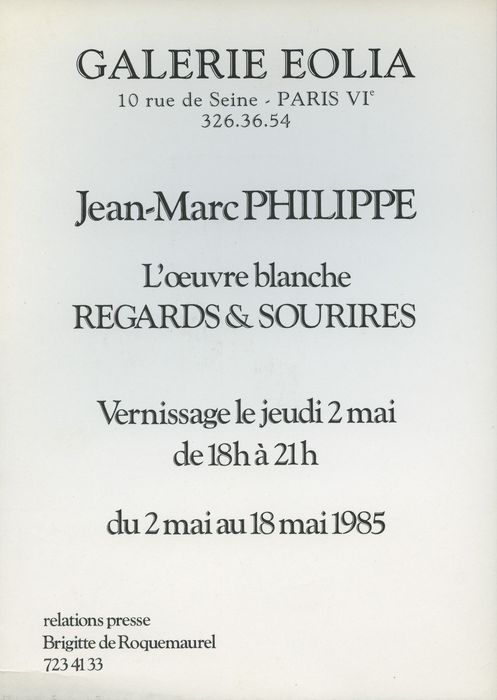 L'Œuvre blanche, regards et sourires — Carton d'invitation, verso