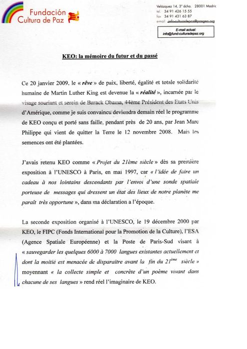 Federico Mayor, « KEO : la mémoire du futur et du passé », 20 janvier 2009, page 1