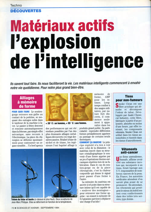 « Matériaux actifs : l'explosion de l'intelligence », Sciences et Avenir, n° 571, septembre 1994, p. 72, page 2