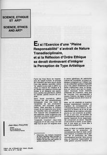 Et si l'exercice d'une « pleine responsabilité » s'avérait de nature transdisciplinaire, et si la réflexion d'ordre éthique se devait dorénavant d'intégrer la perception de type artistique — p. 1